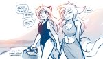  2019 7:4 aged_up anthro basitin basket beach blush chest_tuft clothing dialogue duo embarrassed english_text eyes_closed felid female fur hi_res holding_object keidran looking_aside madelyn_adelaide maeve_(twokinds) mammal midriff monochrome navel one-piece_swimsuit open_mouth outside pantherine seaside simple_background sketch smile snow_leopard spots spotted_fur swimwear text tom_fischbach tuft twokinds walking webcomic white_background 