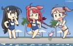  1other 3girls ahoge aqua_bikini asymmetrical_bangs bangs beach_umbrella bikini black_hair blue_hairband blue_sky blue_swimsuit brown_eyes bunny commentary_request dated frilled_bikini frills full_body gradient_sky hair_bobbles hair_flaps hair_ornament hair_ribbon hairband hamu_koutarou hatsushimo_(kantai_collection) highres innertube kantai_collection kawakaze_(kantai_collection) long_hair low-tied_long_hair low_twintails multiple_girls name_tag orange_eyes pink_eyes pink_hair pool poolside purple_scrunchie red_hair remodel_(kantai_collection) ribbon running sazanami_(kantai_collection) school_swimsuit scrunchie short_hair sidelocks sky swimsuit twintails umbrella very_long_hair water whistle whistle_around_neck wrist_scrunchie 