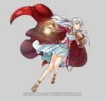  1girl cape circlet copyright_name dress fire_emblem fire_emblem:_radiant_dawn fire_emblem_heroes full_body grey_background kita_senri long_hair magic micaiah official_art sandals solo white_hair yellow_eyes 