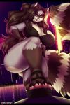  absurd_res anthro big_breasts breasts city clothed clothing female footwear hi_res looking_at_viewer mammal mixideer night outside procyonid raccoon smile solo thick_thighs 
