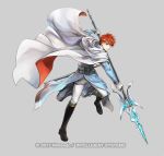  1boy belt blue_eyes boots cape circlet copyright_name eliwood_(fire_emblem) fire_emblem fire_emblem:_the_blazing_blade fire_emblem_heroes full_body gloves grey_background male_focus official_art polearm red_hair solo spear sword wada_sachiko weapon 