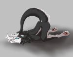  4_toes anthro black_fur black_lips blue_eyes claws countershading digitigrade fur hindpaw lips male neck_tuft nude pawpads paws sergal simple_background solo tail_tuft toe_claws toes tuft white_fur yaegerarts 