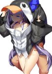  1boy 1girl animal_costume black_jacket blue_ribbon blush bottomless commentary_request cum cum_on_body cum_on_lower_body fate/grand_order fate_(series) jacket long_hair long_sleeves looking_at_viewer meltryllis penguin_costume pixiv_fate/grand_order_contest_1 purple_hair ribbon sex simple_background sleeves_past_wrists solo_focus uzuki_karasu white_background white_jacket 