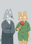  2017 anthro apple canid canine canis clothing duo eating food fox fox_mccloud fruit grey_background japanese_clothing male mammal nintendo plant shinki_k simple_background star_fox video_games wolf wolf_o&#039;donnell 