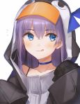  1girl bangs black_jacket blue_bow blue_eyes blush bow choker closed_mouth collarbone fate/grand_order fate_(series) hair_between_eyes highres jacket licking_lips long_hair looking_to_the_side meltryllis oyuyu penguin_hood purple_hair simple_background sleeves_past_fingers sleeves_past_wrists smile solo tongue tongue_out white_background 