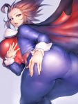  1girl ahoge ass bent_over blue_background breasts brown_hair cameltoe cape commentary_request cuffs demitri_maximoff fangs fumio_(rsqkr) genderswap genderswap_(mtf) highres huge_breasts large_breasts looking_at_viewer looking_back red_eyes short_hair solo thighs vampire_(game) 