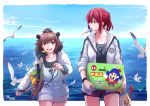  absurdres alternate_costume bag bird brown_hair day dog_tags drawstring female_admiral_(kantai_collection) food hair_between_eyes highres hood hooded_jacket hoodie jacket kantai_collection looking_at_viewer looking_to_the_side name_tag ocean open_clothes open_jacket pin.s popsicle red_hair school_swimsuit seagull shorts sleeves_past_wrists sleeves_rolled_up smile speaking_tube_headset swimsuit tagme teeth twitter_username waves white_jacket yellow_eyes yukikaze_(kantai_collection) 