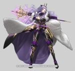  1girl armored_boots boots breasts camilla_(fire_emblem) cape cleavage copyright_name dress fire_emblem fire_emblem_fates fire_emblem_heroes full_body fur_trim gloves grey_background hair_over_one_eye kozaki_yuusuke long_hair official_art open_mouth purple_hair red_eyes solo staff teeth tiara 