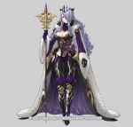  1girl armored_boots boots breasts camilla_(fire_emblem) cape cleavage copyright_name curly_hair fire_emblem fire_emblem_fates fire_emblem_heroes full_body fur_trim gloves grey_background hair_over_one_eye kozaki_yuusuke long_hair official_art red_eyes solo staff tiara 