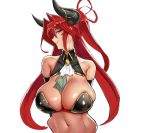  1girl arms_behind_back bare_shoulders between_breasts blue_eyes breasts cleavage collarbone elbow_gloves eu03 gloves hair_intakes halterneck horns impossible_clothes large_breasts long_hair looking_at_viewer money navel original ponytail red_hair revealing_clothes shiny shiny_skin smirk solo tsunoko upper_body white_background 