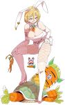  1girl animal_ears blonde_hair blue_eyes breasts bunny_ears bunny_tail carrot carrot_necklace cleavage copyright_request earrings elbow_gloves fake_animal_ears gloves hairband hand_on_hip hand_on_own_knee high_heels highres jewelry kafun large_breasts oversized_food pink_footwear simple_background skindentation solo tail thighhighs turtle_shell white_background white_gloves white_hairband 
