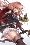  :d arisa_(shadowverse) arrow bangs belt blonde_hair blush boots bow_(weapon) breasts brown_footwear elbow_gloves elf fairy floating_hair gloves gradient gradient_background green_eyes hair_between_eyes hair_ribbon highres holding holding_arrow holding_bow_(weapon) holding_weapon inaba_sunimi long_hair looking_at_viewer medium_breasts open_mouth pointy_ears red_ribbon ribbon shadowverse sheath sheathed sidelocks simple_background skirt smile solo sword thigh_boots thighhighs weapon 