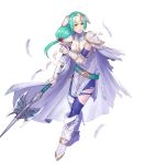  1girl aqua_eyes aqua_hair arm_guards armor belt boots breastplate broken_armor cape elbow_gloves elbow_pads feathers fingerless_gloves fire_emblem fire_emblem:_path_of_radiance fire_emblem_heroes full_body gloves hair_ornament hand_up headpiece highres holding holding_weapon lips long_hair looking_away low-tied_long_hair non-web_source official_art parted_lips pikomaro polearm shiny shiny_hair sigrun solo spear tied_hair transparent_background weapon white_footwear 