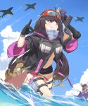  bike_shorts black_gloves black_hair black_jacket black_shorts blonde_hair blue_sky blush breasts brown_hair cloud commentary_request day fate/grand_order fate_(series) gloves goggles goggles_on_head gradient_hair gun holding holding_gun holding_weapon holster jacket large_breasts lempika licking_lips long_hair midriff multicolored_hair navel origami osakabe-hime_(fate/grand_order) osakabe-hime_(swimsuit_archer)_(fate) paper_airplane partially_submerged rifle shikigami shorts sky solo sparkle swimsuit thigh_strap tongue tongue_out very_long_hair walking water weapon 