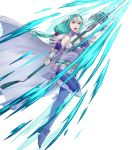  1girl aqua_eyes aqua_hair arm_guards armor belt boots cape elbow_gloves fingerless_gloves fire_emblem fire_emblem:_path_of_radiance fire_emblem_heroes full_body gloves hair_ornament headpiece highres holding holding_weapon long_hair looking_away low-tied_long_hair non-web_source official_art pikomaro polearm shiny shiny_hair shoulder_armor sigrun solo spear tied_hair transparent_background turtleneck weapon white_footwear 