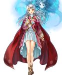  2girls bangs cape circlet curly_hair dress fire_emblem fire_emblem:_radiant_dawn fire_emblem_heroes full_body grey_background highres kita_senri long_hair looking_at_viewer micaiah multiple_girls non-web_source official_art open_mouth sandals shiny shiny_hair smile solo white_hair yellow_eyes yune 