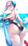  1girl absurdres ass asymmetrical_hair bangs beeyan black_swimsuit blue_eyes blush breasts bun_cover competition_swimsuit dual_wielding fate/grand_order fate_(series) from_behind hair_bun highres holding large_breasts long_hair looking_at_viewer looking_back miyamoto_musashi_(fate/grand_order) miyamoto_musashi_(swimsuit_berserker)_(fate) one-piece_swimsuit outside_border pink_hair sky smile solo sparkle swept_bangs swimsuit 