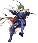  1boy alm_(fire_emblem) armor armored_boots boots cape falchion_(fire_emblem) fire_emblem fire_emblem_echoes:_shadows_of_valentia fire_emblem_gaiden fire_emblem_heroes full_body fur_trim gloves green_eyes green_hair headband hidari_(left_side) highres male_focus one_eye_closed solo sword teeth transparent_background weapon 