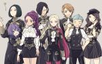  ahoge bernadetta_von_varley black_hair blonde_hair blue_eyes blue_hair boots braid breasts cape caspar_von_bergliez cravat dark_skin dorothea_arnault edelgard_von_hresvelg epaulettes facial_mark fire_emblem fire_emblem:_three_houses gloves green_hair grey_eyes hair_ornament hair_over_one_eye hair_ribbon hood hubert_von_vestra ktnamgmfe linhardt_von_hevring long_hair long_sleeves looking_at_viewer low_ponytail medium_breasts multiple_boys multiple_girls open_mouth pantyhose petra_mcnairy purple_hair red_cape ribbon short_hair side_ponytail simple_background single_braid skirt smile uniform upper_body wavy_mouth 