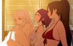  3girls bare_shoulders bikini black_hair breasts character_request copyright_request finger_to_chin from_side long_hair looking_at_another looking_at_viewer looking_up multiple_girls ponytail purple_hair red_eyes shade short_hair sideboob sidelocks smile sohin swimsuit thumb_to_chin twintails wavy_hair white_bikini 