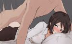  1boy 1girl amagami ass bed_sheet black_legwear blush brown_eyes brown_hair clothed_female_nude_male clothed_sex collared_shirt hetero lying mobu nude on_bed on_stomach pantyhose pillow prone_bone saliva sex shirt short_hair sweat takahashi_maya torn_clothes torn_legwear 