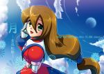  1girl absurdres android blue_sky brown_hair cloud commentary_request cover cover_page doujin_cover green_eyes hair_between_eyes hand_on_own_cheek highres huge_filesize iris_(rockman_x) long_hair looking_at_viewer low-tied_long_hair microphone open_mouth rockman rockman_x rockman_x2:_soul_eraser sky smile solo umin_oz 