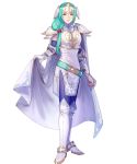  1girl aqua_eyes aqua_hair armor belt boots breastplate cape clenched_hand closed_mouth fingernails fire_emblem fire_emblem:_path_of_radiance fire_emblem_heroes full_body hair_ornament headpiece highres holding holding_cape lips long_hair looking_at_viewer low-tied_long_hair non-web_source official_art pantyhose pikomaro shiny shiny_hair shoulder_armor sigrun smile solo standing transparent_background turtleneck white_footwear 