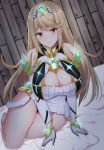  1girl armor bangs bed blonde_hair breasts cleavage cleavage_cutout covered_navel earrings gem gloves headpiece highres hikari_(xenoblade_2) jewelry large_breasts looking_at_viewer noeomi shoulder_armor simple_background solo swept_bangs thigh_strap tiara xenoblade_(series) xenoblade_2 yellow_eyes 
