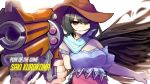  1girl bare_shoulders black_hair black_wings blue_shirt breasts brown_headwear character_name cowboy_hat gun handgun hat highres kaliningradg kurokoma_saki looking_at_viewer mccree_(overwatch) medium_breasts off-shoulder_shirt off_shoulder overwatch red_eyes revolver scarf shirt teeth teeth_hold toothpick touhou upper_body weapon white_background wings 