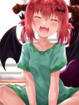  1girl :3 :d bat_hair_ornament blush closed_eyes collarbone curtains day demon_horns demon_wings eyebrows_visible_through_hair fang gabriel_dropout green_shirt hair_between_eyes hair_ornament head_tilt highres horns indoors kurumizawa_satanichia_mcdowell needledmouse open_mouth red_hair shirt short_sleeves sitting smile solo v-shaped_eyebrows window wings 