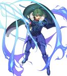  1boy alm_(fire_emblem) armor armored_boots aura boots cape falchion_(fire_emblem) fire_emblem fire_emblem_echoes:_shadows_of_valentia fire_emblem_gaiden fire_emblem_heroes full_body fur_trim gloves green_eyes green_hair headband hidari_(left_side) highres male_focus open_mouth solo sword teeth transparent_background weapon 