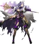  1girl armored_boots boots breasts camilla_(fire_emblem) cape cleavage fire_emblem fire_emblem_fates fire_emblem_heroes full_body fur_trim gloves grey_background hair_over_one_eye highres kozaki_yuusuke long_hair official_art purple_hair red_eyes solo staff teeth tiara torn_clothes transparent_background 