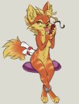  amber_eyes anklet anthro blonde_hair bodily_fluids breasts canid canine cushion dynamite ear_piercing ear_ring explosives female fizza fur hair hi_res jewelry licking mammal nipples nude orange_fur piercing reign-2004 saliva simple_background solo tan_background tongue tongue_out yellow_fur 