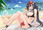  1girl ankle_strap arm_support azur_lane bangs barefoot beach bikini black_bikini black_hair black_nails blue_eyes blue_sky blush bottle breasts bubble bxr cleavage cloud day deutschland_(azur_lane) deutschland_(service_time?!)_(azur_lane) eyebrows_visible_through_hair flower hair_flower hair_ornament holding holding_bottle long_hair looking_at_viewer lotion multicolored_hair navel open_mouth outdoors pouring_onto_self reclining red_hair sky smile solo streaked_hair swimsuit very_long_hair white_hair 