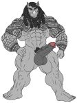  abs anthro arm_hair balls big_balls big_muscles chest_tuft clenched_fists crotch_tuft facial_hair feet grey_skin grin hairy_feet hand_on_thigh hi_res humanoid_penis leg_hair male mammal muscular nipples penis rhinocerotoid sh0tty simple_background smile solo tuft vein veiny_penis white_background 