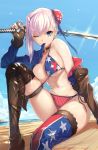  1girl american_flag_bikini asymmetrical_hair bangs bikini blue_eyes blue_sky boots breasts brown_footwear brown_gloves bun_cover cleavage closed_mouth collarbone fate/grand_order fate_(series) flag_print gloves gunblade hair_bun highres knee_up large_breasts long_hair looking_at_viewer miyamoto_musashi_(fate/grand_order) miyamoto_musashi_(swimsuit_berserker)_(fate) navel off_shoulder ohland pink_hair shrug_(clothing) sitting sky smile solo swept_bangs swimsuit thigh_boots thighhighs thighs weapon 