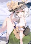  1girl :d absurdres arm_up bangs black_headwear blush bow cloud eyebrows_visible_through_hair feet_out_of_frame from_side green_eyes green_neckwear green_ribbon green_skirt hat hat_bow highres ke-ta knees_up komeiji_koishi looking_at_viewer miniskirt neck_ribbon ocean open_mouth outdoors petticoat ribbon scan shirt short_hair silver_hair sitting skirt smile solo thighs touhou vest water wet wet_clothes wet_shirt white_shirt yellow_bow yellow_vest 