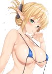  1girl aegis_(takunomi) bare_arms bare_shoulders bikini blonde_hair blue_bikini blush breasts cleavage collarbone commentary_request elf folded_ponytail green_eyes hair_ornament hairclip halter_top halterneck hand_up highres large_breasts long_hair looking_at_viewer micro_bikini original parted_lips pointy_ears sidelocks simple_background solo strap_gap sweat swimsuit takunomi tied_hair upper_body water white_background 