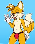 2019 2_tails anthro arwokom blue_eyes bulge canid canine clothing fox girly hi_res jockstrap looking_at_viewer male mammal miles_prower mostly_nude multi_tail nipples peace_sign_(disambiguation) presenting seductive simple_background solo sonic_(series) standing thick_thighs tongue tongue_out underwear video_games 