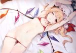  1girl absurdres armpits arms_up ass_visible_through_thighs bangs bare_arms bare_shoulders bed blonde_hair blush bra chain collarbone cowboy_shot crying crystal cuffs eyebrows_visible_through_hair flandre_scarlet flat_chest groin hat hat_ribbon highres ke-ta long_hair looking_at_viewer lying mob_cap navel on_back one_eye_closed one_side_up panties panty_pull red_bra red_eyes red_panties red_ribbon restrained ribbon scan shackles shadow solo stomach tears thighs touhou underwear underwear_only white_headwear wings 