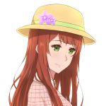  1girl absurdres flower freckles green_eyes hat hat_flower highres long_hair looking_at_viewer luculia_marlborough red_hair simple_background solo upper_body violet_evergarden white_background xvii yellow_headwear 