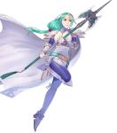  1girl aqua_eyes aqua_hair arm_guards armor belt boots cape elbow_gloves fingerless_gloves fire_emblem fire_emblem:_path_of_radiance fire_emblem_heroes full_body gloves hair_ornament headpiece highres holding holding_weapon long_hair looking_away low-tied_long_hair non-web_source official_art pikomaro polearm shiny shiny_hair shoulder_armor sigrun solo spear tied_hair transparent_background turtleneck weapon white_footwear 