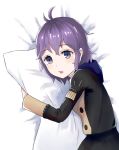  1girl ahoge bed bernadetta_von_varley blush cravat fire_emblem fire_emblem:_three_houses gloves grey_eyes highres hood long_sleeves looking_at_viewer open_mouth pppepetps purple_hair shadow short_hair simple_background smile solo uniform upper_body wavy_mouth white_background 