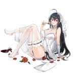  1girl ahoge azur_lane bangs bare_shoulders black_hair blush breasts bridal_gauntlets bxr cleavage crossed_legs dress eyebrows_visible_through_hair garter_straps hair_between_eyes hair_ornament high_heels highres huge_breasts large_breasts long_hair looking_at_viewer open_mouth pouring_onto_self reclining red_eyes shoes_removed sidelocks simple_background smile taihou_(azur_lane) thighhighs wedding_dress white_background white_dress white_legwear 