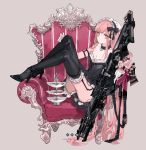  1girl :o assault_rifle black_ribbon chair choker cierra_(ra-bit) corset flower frills full_body garter_straps gloves grey_background gun hair_ribbon heart_pendant high_heels holding holding_weapon long_hair maid_headdress original reclining red_eyes red_hair ribbon rifle rose tea_stand thighhighs very_long_hair weapon white_gloves 