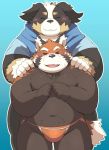  2019 ailurid anthro ayame42612 belly blue_background blush canid canine canis clothing cute_fangs domestic_dog duo eyes_closed hoodie humanoid_hands male mammal moobs navel overweight overweight_male red_panda simple_background topwear underwear 