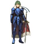  1boy alm_(fire_emblem) armor armored_boots boots cape falchion_(fire_emblem) fire_emblem fire_emblem_echoes:_shadows_of_valentia fire_emblem_gaiden fire_emblem_heroes full_body fur_trim gloves green_eyes green_hair headband hidari_(left_side) highres male_focus solo sword transparent_background weapon 