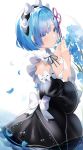  1girl bangs blue_eyes blue_flower blue_hair blue_nails breasts commentary_request detached_sleeves eyebrows_visible_through_hair flower from_side hair_ornament hair_over_one_eye hair_ribbon highres large_breasts maid maid_headdress pink_ribbon re:zero_kara_hajimeru_isekai_seikatsu rem_(re:zero) ribbon short_hair solo x_hair_ornament yuuko_(030_yuko) 