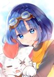  1girl animal animal_hug bangs black_shirt blue_eyes blue_hair closed_eyes closed_mouth commentary_request dragon_quest dragon_quest_x eyebrows_visible_through_hair fangs fukunoki_tokuwa goggles goggles_on_head hair_between_eyes highres long_sleeves looking_at_viewer scar scar_across_eye seraphy_(dq10) shirt smile solo translated upper_body 