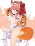  1girl animal_ear_fluff animal_ears apron ass asymmetrical_legwear bell bell_collar blush breasts cat_hair_ornament cat_paws collar commentary commentary_request fang fangs fate/grand_order fate_(series) fox_ears fox_girl fox_tail gloves hair_ornament hair_ribbon highres jingle_bell large_breasts long_hair looking_at_viewer looking_back maid_headdress naked_apron one_eye_closed open_mouth paw_gloves paws pink_hair ponytail red_ribbon ribbon sideboob skin_fang solo tail tamamo_(fate)_(all) tamamo_cat_(fate) white_legwear yoshi8357 